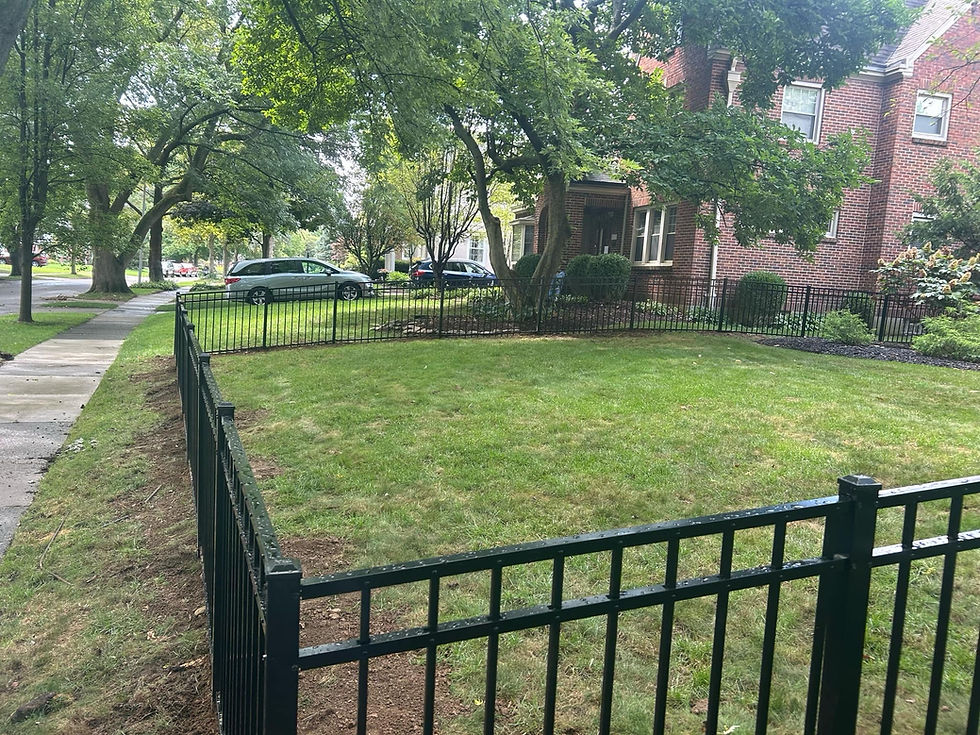 Black aluminum fence beside a brick home
