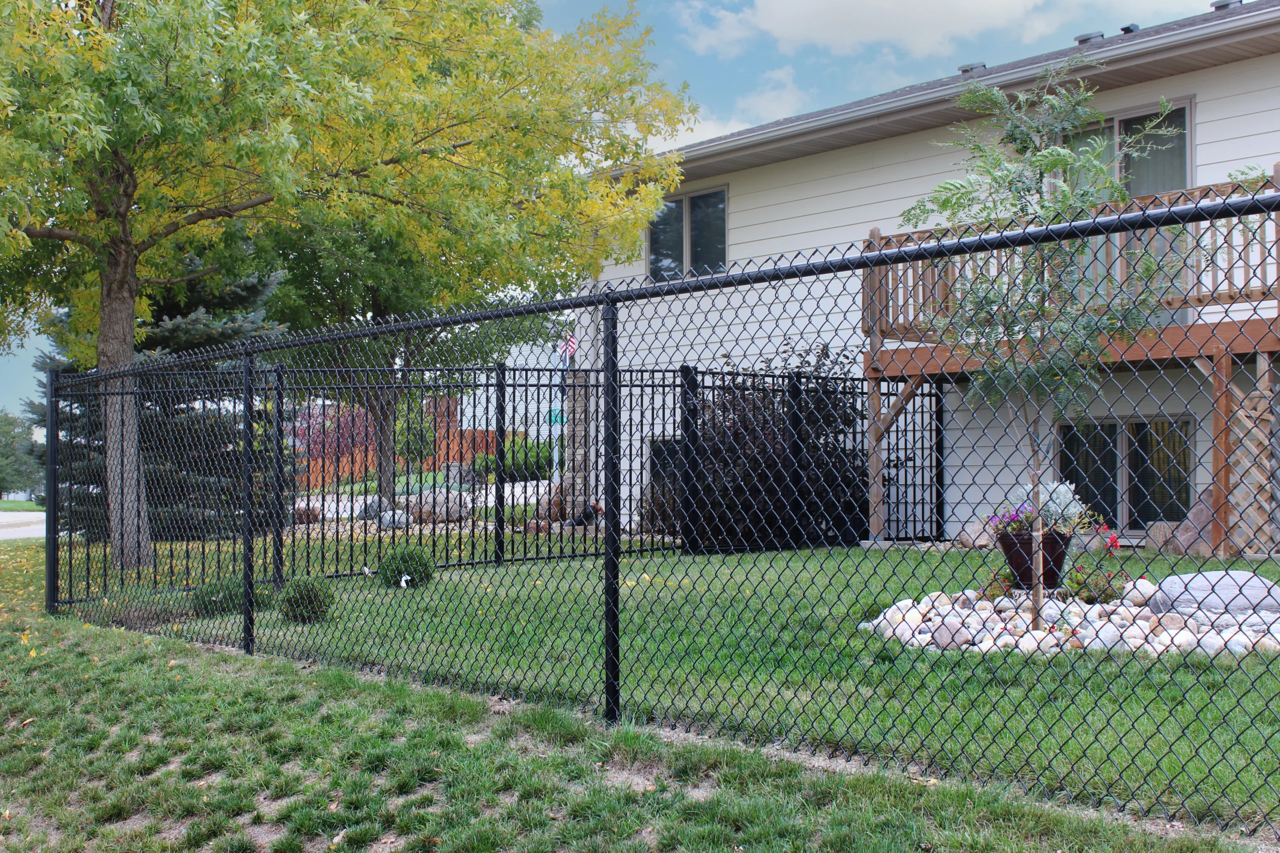 Black chain-link fence in a residential yard